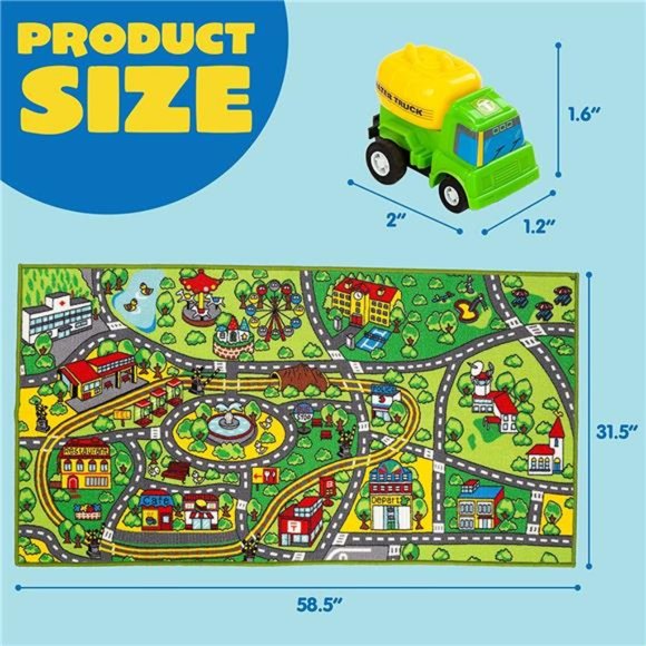 Carpet Playmat w/ 12 Cars Pull-Back Vehicle Set for Kids Age 3+, Jumbo Play Room - Picture 6 of 7
